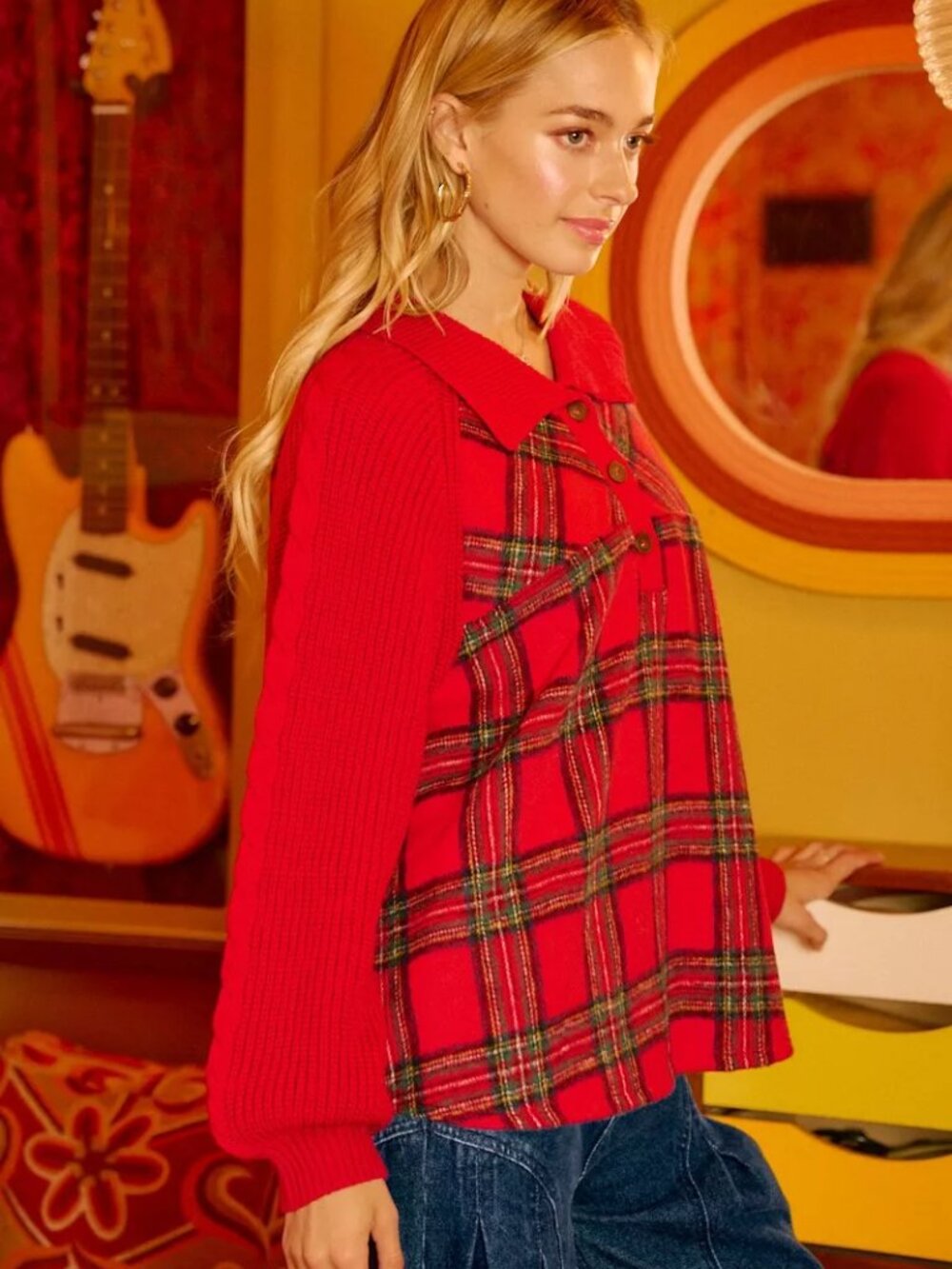 BiBi Plaid Buttoned Collared Top with Sweater Sleeve - Picture 5 of 9